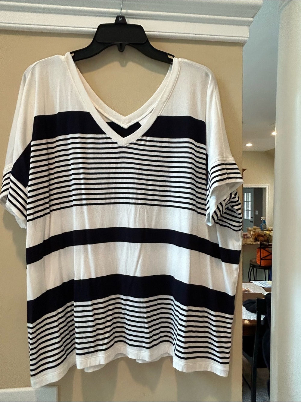 CAbi White and Navy Striped V-Neck Short Sleeve Top